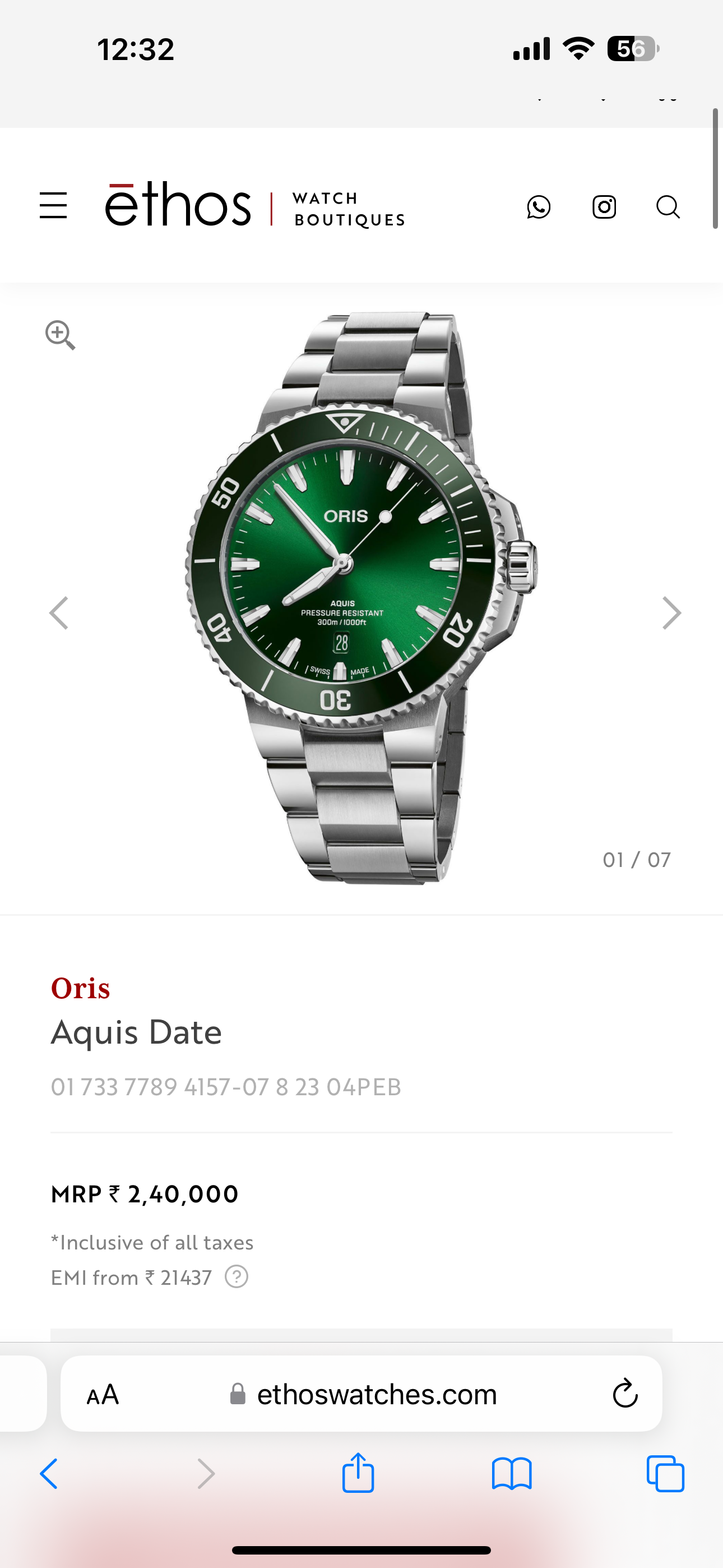 Oris Aquis Date Authentic Silver Green Dial Automatic Mens Watch