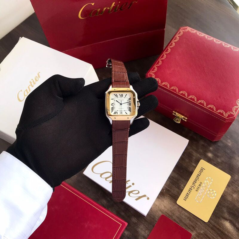 Cartier Santos De Automatic Brown Leather Strap Mens Automatic Watch
