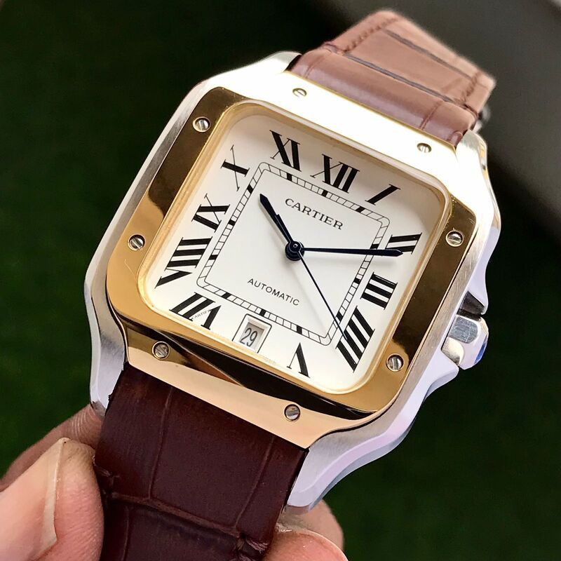 Cartier Santos De Automatic Brown Leather Strap Mens Automatic Watch