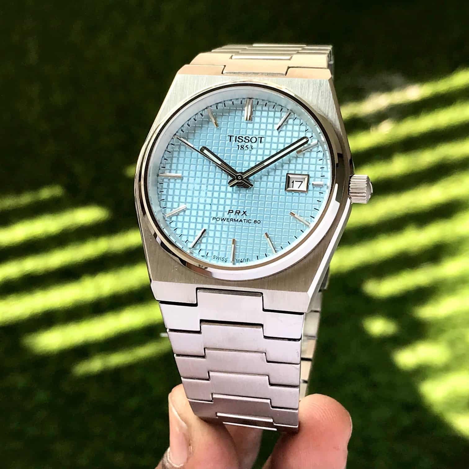 Tissot PRX Powermatic Japanese Tiffany Blue Dial Automatic Mens Watch — zoomed view