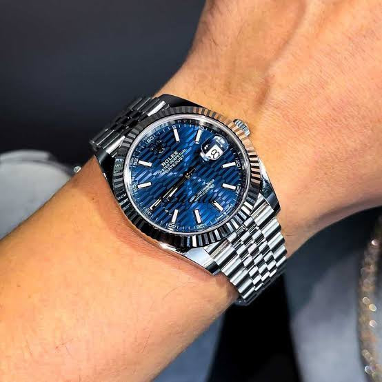 Rolex Date Just 41 Blue Motif Index Dial Fluted Bezel Jubilee Stainless Steel & Japanese Master Quality Mens Watch