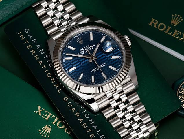 Rolex Date Just 41 Blue Motif Index Dial Fluted Bezel Jubilee Stainless Steel & Japanese Master Quality Mens Watch