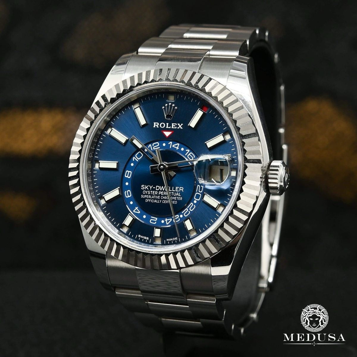 Rolex SkyDweller Silver Blue Dial Oyster Chain Belt Automatic Men’s Watch — zoomed view
