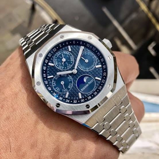 Audemars Piguet Perpetual Calendar Open Worked Silver Blue Dial Automatic Mens Watch — zoomed view