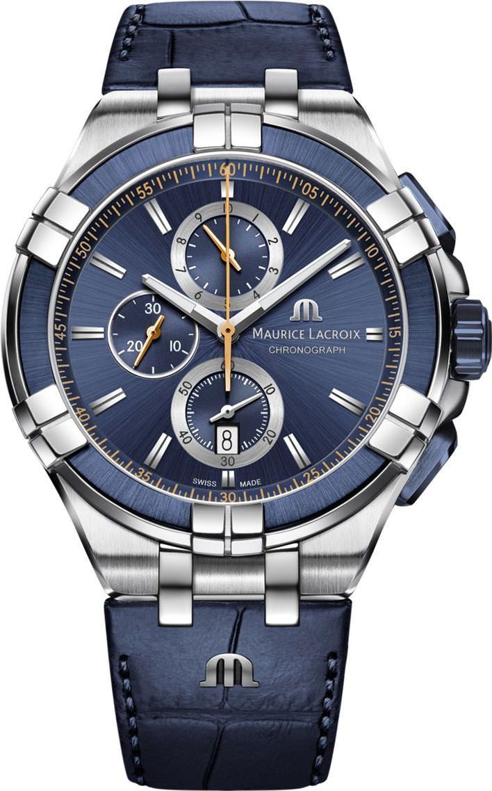 Maurice Lacroix Aikon Chronograph Swiss Quartz 44mm Blue Dial Watch AI1018-SS001-432-4, Chronograph — zoomed view