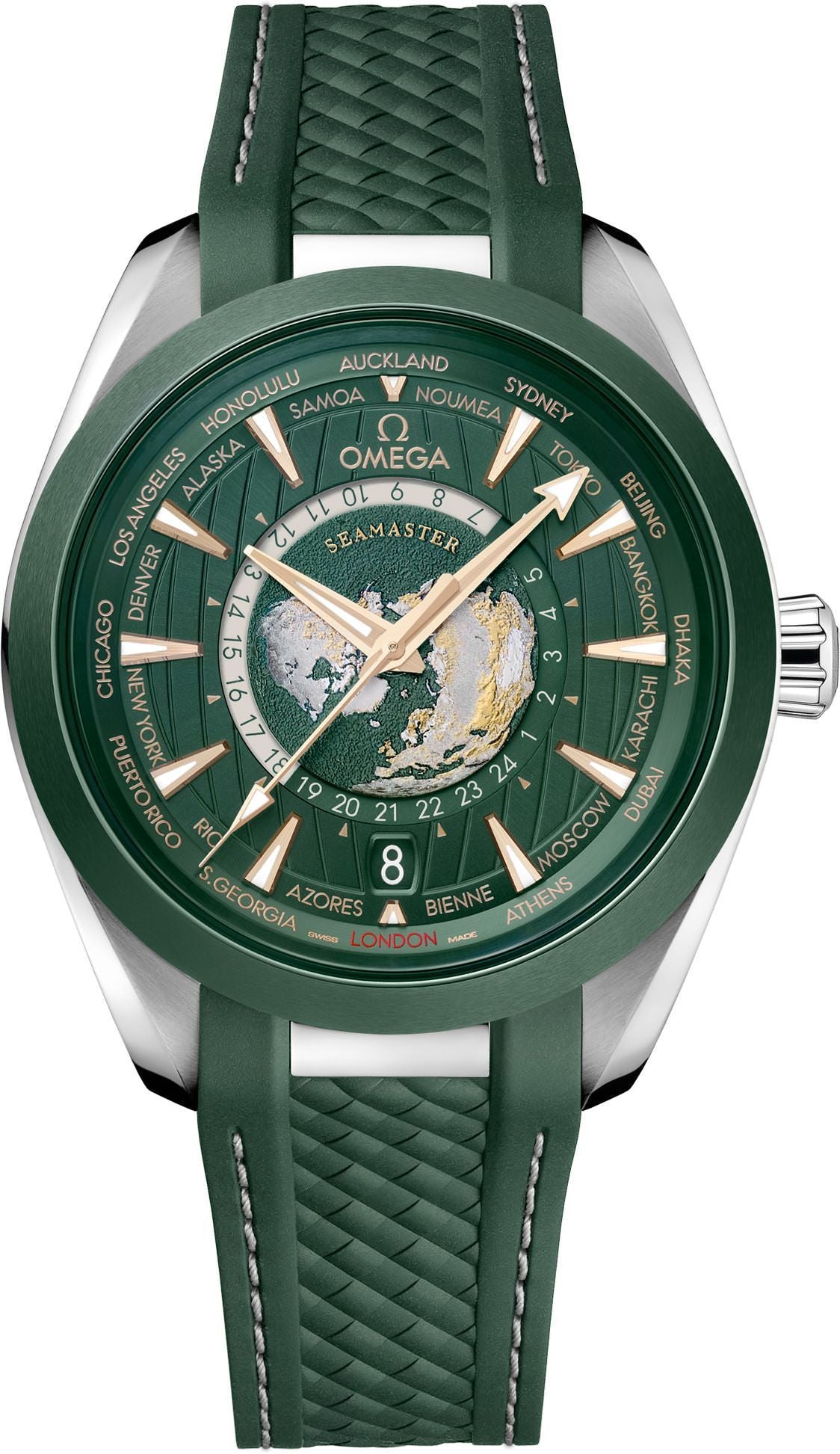 Omega Seamaster Aqua Terra Worldtimer Green Dial 43mm – 100% Authentic Swiss Automatic Watch — zoomed view