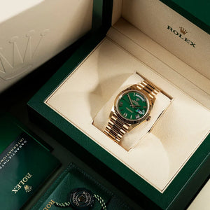 Rolex Day-Date 40 Yellow Gold Green Ombre Roman Numeral Dial