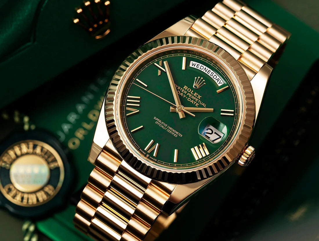 Rolex Day-Date 40 Yellow Gold Green Ombre Roman Numeral Dial — zoomed view