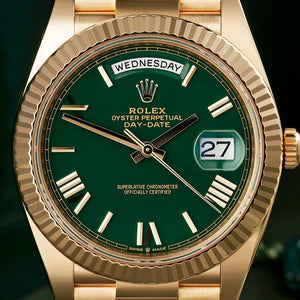 Rolex Day-Date 40 Yellow Gold Green Ombre Roman Numeral Dial