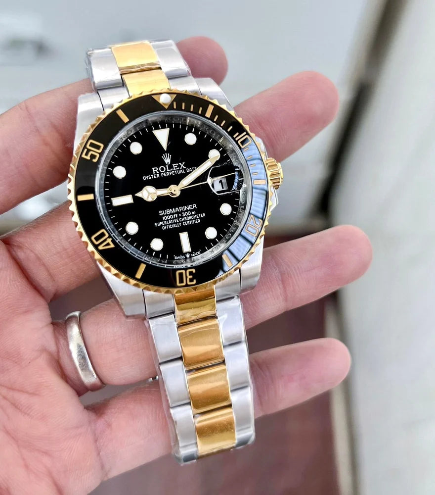 Rolex Submariner Gold & White Chain with Black Dial  Date Automatic