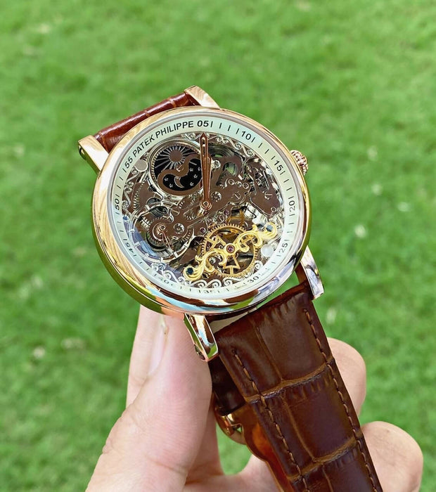 Patek Philippe skeleton automatic leather belt watch