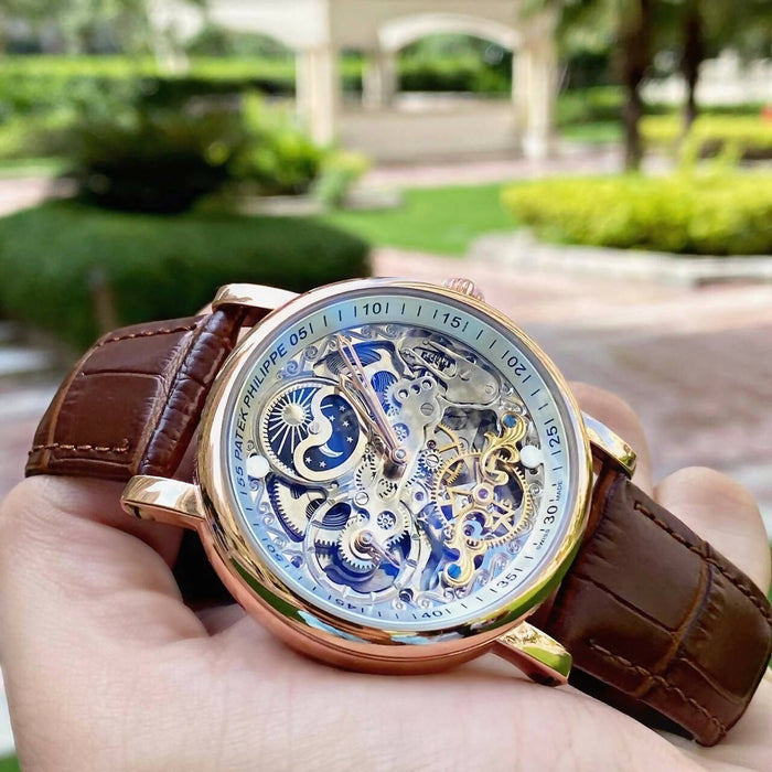 Patek Philippe skeleton automatic leather belt watch — zoomed view